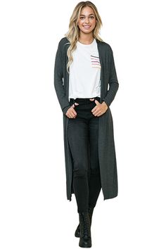 Bring a dash of style to breezy days with this Long Sleeve Solid Maxi Cardigan from Iconic Luxe. Tailored in a regular fit with a length that hits at the knees, this long-sleeve cardigan is crafted from a lightweight fabric for a cozy feel. Designed in a solid hue, you can layer the cardigan over tops or dresses for versatile styling options. 95% Rayon, 5% Spandex Made in the USA Pull On closure Features: open front, long sleeves, midi length, lightweight fabric Suit for: work, casual, everyday wear, date night, movie night, brunch, farmers market, vacation, traveling, beach, barbeque party, coffee date, school Season: spring, summer, fall, winter Model is 5’7” and wearing size Small. Hand wash cold. Do not bleach. Hang to dry. Casual Gray Open Front Cardigan, Gray Open Front Outerwear For Fall, Casual Long Sweater Coat, Gray Long Outerwear For Layering, Long Gray Outerwear For Layering, Long Outerwear For Fall Day Out, Trendy Cotton Outerwear With Open Front, Long Cardigan For Fall Layering, Long Fall Cardigan For Layering