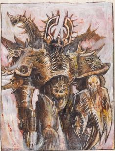 a drawing of a robot standing in front of two other humanoids and one demon