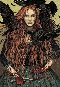 a drawing of a woman with long red hair and a bird on her shoulder