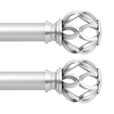 two metal curtain rods with decorative designs on the top and bottom, one in silver