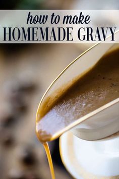 homemade gravy being drizzled with caramel sauce on a spoon