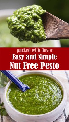 This Nut Free Pesto recipe is easy and simple to make at home and so much better than store-bought.  The perfect no-nut pesto for those with nut allergies. Basil Pesto goes well with just about everything – pasta, salads, vegetables, chicken, fish, potatoes, soups, pasta, even sandwiches. Nut Free Pesto Recipe, Pasta Sauce Easy, Easy Pesto Sauce, Pesto Mozzarella Chicken, Pesto Uses, Pesto Meatballs, Nut Free Pesto, Easy Pasta Sauce, Basil Pesto Recipes