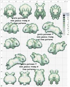 the cross stitch pattern for polar bears is shown in different sizes and colors, including white