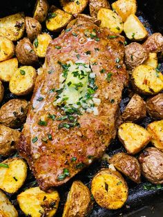 air fryer steak and potatoes in a cast iron skillet with text overlay