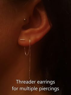 a woman's ear with the words threader earrings for multiple piercings