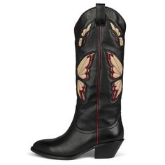 Brightly textured our Bessy Embroidery Butterfly Western Boots bring dynamic flair to this cowboy boot for an uplifting addition to casual days with almond toe, block heel, and butterfly inlay. Inlay Design, Womens Chunky Heels, Slip On Boots, Western Boot, Long Boots, Calf Boots, Mid Calf Boots, Mid Heel, Cowgirl Boots