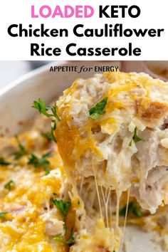 loaded keto chicken cauliflower rice casserole in a white dish