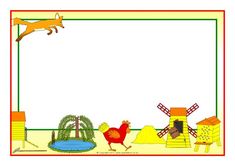 an image of a farm scene with chickens and roosters in the background, as well as a photo frame