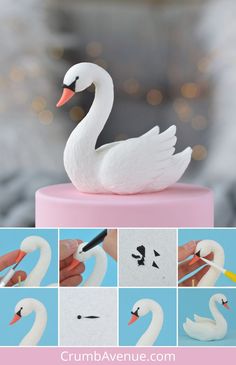 a swan cake topper that is made out of fondant icing and painted with acrylic paint