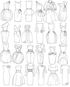 a bunch of dresses that are drawn in black and white