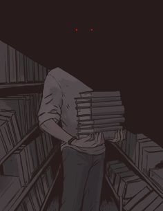 a man standing in the middle of a library with stacks of books on his back