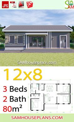 two bedroom house plan with 3 beds and 2 bathrooms in the same area, on each floor