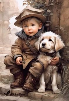 a painting of a little boy with a dog sitting on the ground next to him