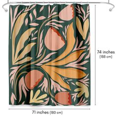 an image of a shower curtain with floral design on the side and measurements for it