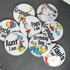 the dr seuss birthday buttons are on display