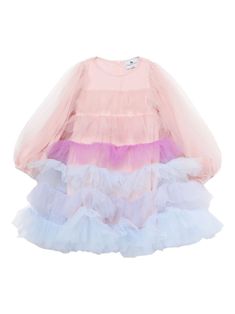 blush pink/lavender purple/baby blue tulle overlay tiered skirt concealed rear zip fastening crew neck long puff sleeves elasticated cuffs ruffle hem above-knee length Blue Tulle, Purple Baby, Pink Lavender, Lavender Purple, Long Puff Sleeves, Girls Party, Tiered Skirt, Tiered Dress, Dress Pink