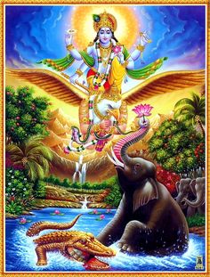 the hindu god is surrounded by elephants and an elephant in water with its trunk out