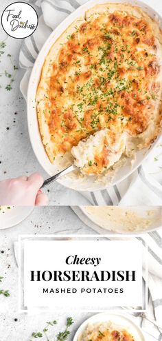 cheesy horseradish mashed potatoes in a white dish