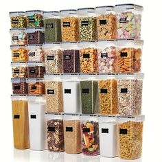 an organized pantry with plastic containers filled with cereals and other food items on white background