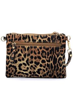 Leopard Clutch & Cross Body Bag Faux leather Gold-tone hardware Zip top closure Detachable shoulder strap & wrist band L 8 * H 6 * W 1 Adjustable Crossbody Bag With Metal Hardware, Evening Bags With Metal Hardware For Fall, Fall Evening Bags With Metal Hardware, Brown Bags With Metal Hardware, Brown Bags With Metal Hardware And Adjustable Fit, Brown Adjustable Bags With Metal Hardware, Adjustable Crossbody Shoulder Bag With Snap Closure, Brown Handheld Clutch With Adjustable Strap, Adjustable Snap Closure Crossbody Bag