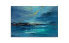 an abstract painting with blue, green and yellow colors in the sky above the ocean