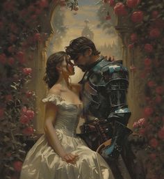 a painting of a man and woman dressed as knight and princess kissing in front of roses