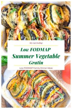 a casserole dish with lots of vegetables in it and the title text overlay reads low fodmap summer vegetable cratin