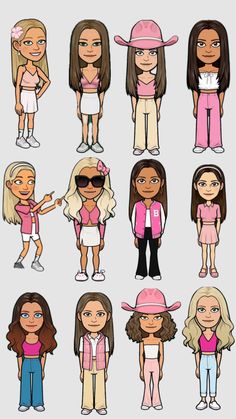 cartoon girls with different hair styles and clothes, all dressed in various outfits for the same occasion