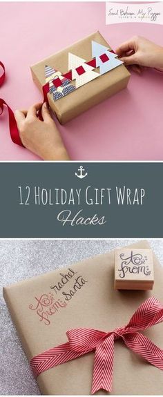 two pictures with the words 12 holiday gift wrap ideas on them and ribbon tied around it