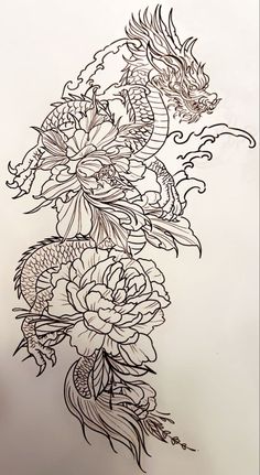 a line drawing of flowers and a dragon