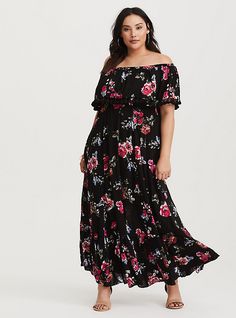 Black Floral Challis Off Shoulder Maxi Dress, SWEPT AWAY FLORAL Torrid Fashion, Off Shoulder Floral Dress, Gauze Maxi Dress, Cold Shoulder Maxi Dress, Off Shoulder Maxi Dress, Bright Florals, Tassels Fashion, Torrid Dresses, Tiered Maxi Dress