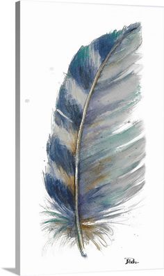 a watercolor painting of a blue and white feather