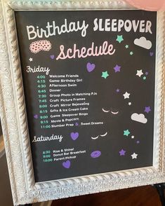 a birthday sleepover schedule on a chalk board