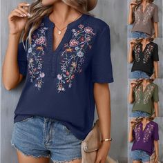 Embroidered Floral V-Neck Short Sleeve T-Shirt, Lace-collared Blouse for Women Casual V-neck Blouse With Embroidered Neckline, Spring Embroidered V-neck T-shirt, Cotton V-neck T-shirt With Floral Embroidery, Casual Embroidered V-neck Top, Casual V-neck T-shirt With Floral Embroidery, Embroidered V-neck T-shirt For Summer, Summer Floral Embroidered V-neck T-shirt, Casual V-neck Top With Floral Embroidery, V-neck Cotton T-shirt With Floral Embroidery