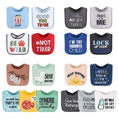 Quickly clean up your little one's adorable face from spills, spit ups, and dribbles with The Peanutshell Bib Set for Baby Boys, 18 Pack for Feeding, Teething, or Drooling | Blue, Green, Grey. It features a fun combination of Whitty slogans in red, white, blue, and grey along with wild sayings in blue, green rust, and black. Funny Bibs, Funny Baby Bibs, Baby Boy Bibs, Baby Gear Essentials, Nursing Baby, Witty Quotes, Shades Of Teal, Bib Set, Yellow Grey