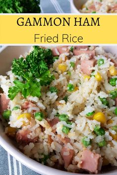 a bowl filled with rice and ham next to broccoli