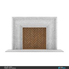 a white fireplace with a wooden door in the center and brickwork around it's edges