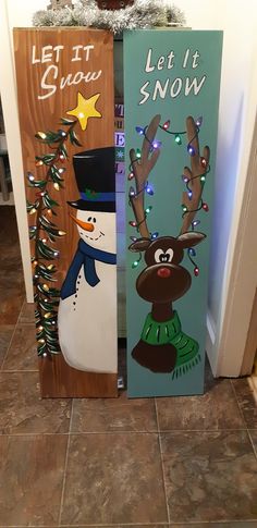 two christmas door hangers decorated with snowmen and reindeers, one has let it snow written on the front