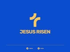 the logo for jesus risen is shown on a blue background with yellow and black letters