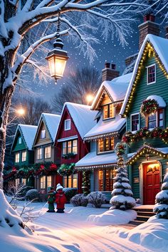 a christmas scene with houses and lights in the snow