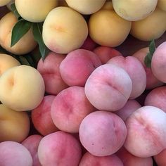 a pile of peaches with leaves on top