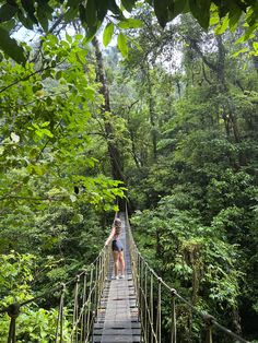 a woman walking across a suspension bridge in the woods