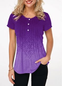 Gradient Button Detail Crinkle Chest Printed T Shirt | Rotita.com - USD $27.18 Gradient Button, Stylish Tops For Girls, Womens Trendy Tops, Trendy Tops For Women, Trendy Fashion Tops, Purple Ombre, Purple Top, Lace Panelled, Lace Shirt