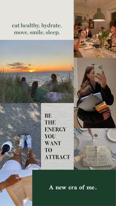 a collage of photos with people sitting at a table and one woman standing on the beach