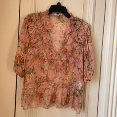 Zara Printed Floral Chiffon Top With Ruffles. Size M. Brand New With Tags. Feminine Chiffon Blouse For Spring, Pink Floral Print Chiffon Tops, Pink Feminine Blouse For Daywear, Feminine Pink Blouse For Daywear, Casual Pink Chiffon Blouse, Flowy Pink Chiffon Blouse, Pink Feminine Blouse For Brunch, Feminine Pink Blouse For Brunch, Spring Chiffon Blouse With Ruffle Hem