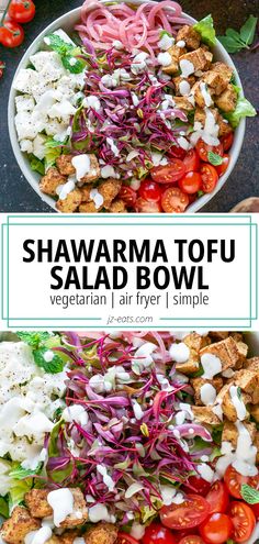 tofu salad bowl with tomatoes, feta cheese, pickled onions, lettuc Seasoned Tofu, Kid Friendly Vegetarian Recipes, Main Dish For Potluck, Tofu Seasoning, Salad Vegetarian, Creamy Yogurt, Healthy Bowls Recipes, Tofu Salad, Flavorful Vegetables