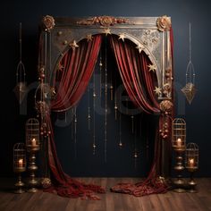 an elaborately decorated stage with red curtains and candles