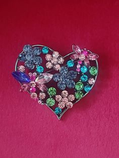 Large Multicolored Crystal Heart Brooch, Big Heart Shaped Fashion Pin, Fashion Accessory for Women, Gift for Her, Floral and Dragonfly Themed Brooch 6.1 cm wide 6.6 cm long Gemstone Bangle, Heart Brooch, Cluster Necklace, Felt Brooch, Crystal Brooch, Red Gemstones, Big Heart, Beaded Stretch Bracelet, Crystal Heart