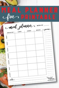 the meal planner printable is on top of a plate with vegetables and other foods