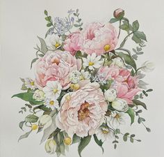 a painting of pink and white flowers in a vase